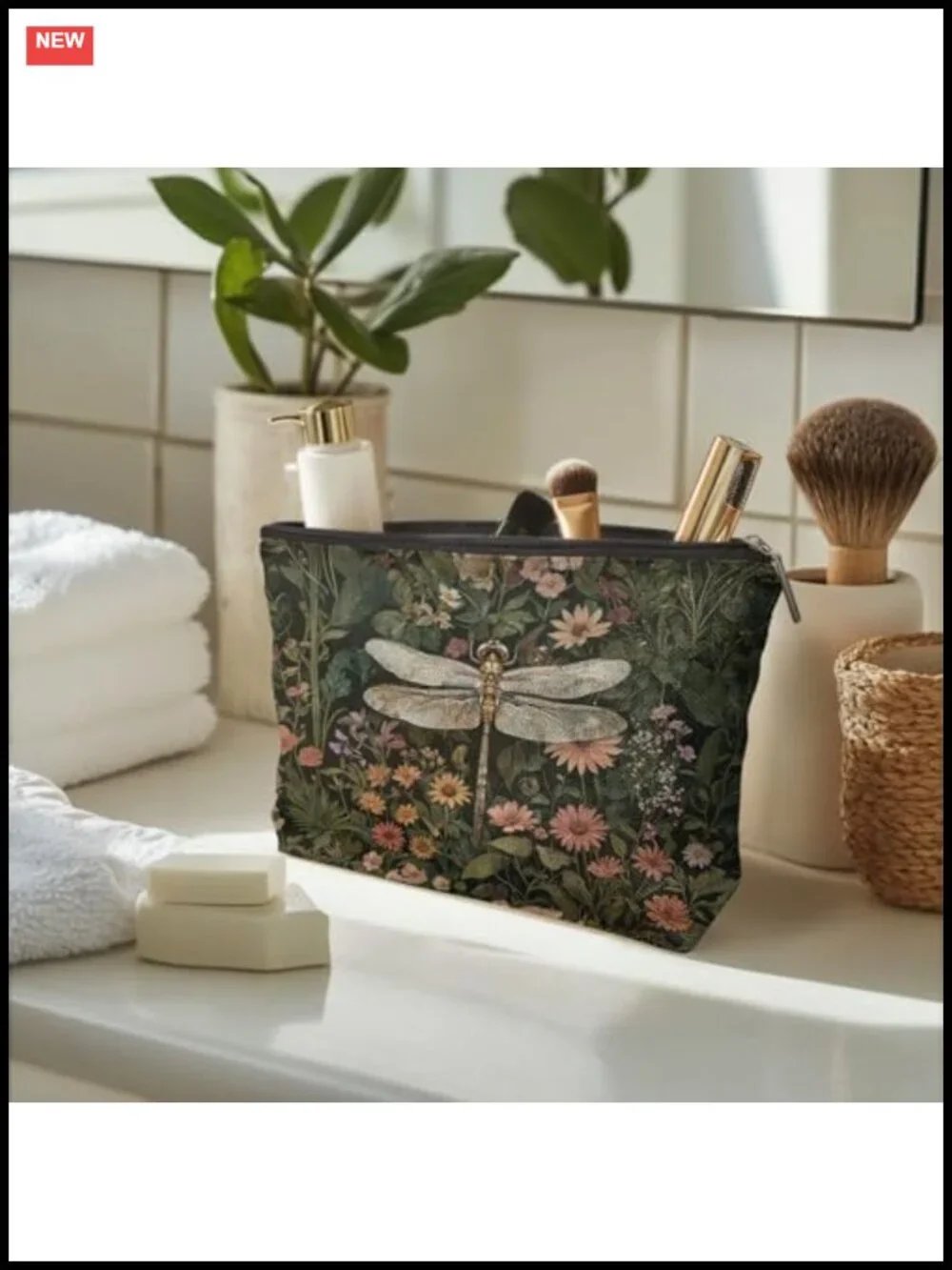 Spacious Waterproof Linen Makeup Bag with Floral Dragonfly Print, Cosmetic